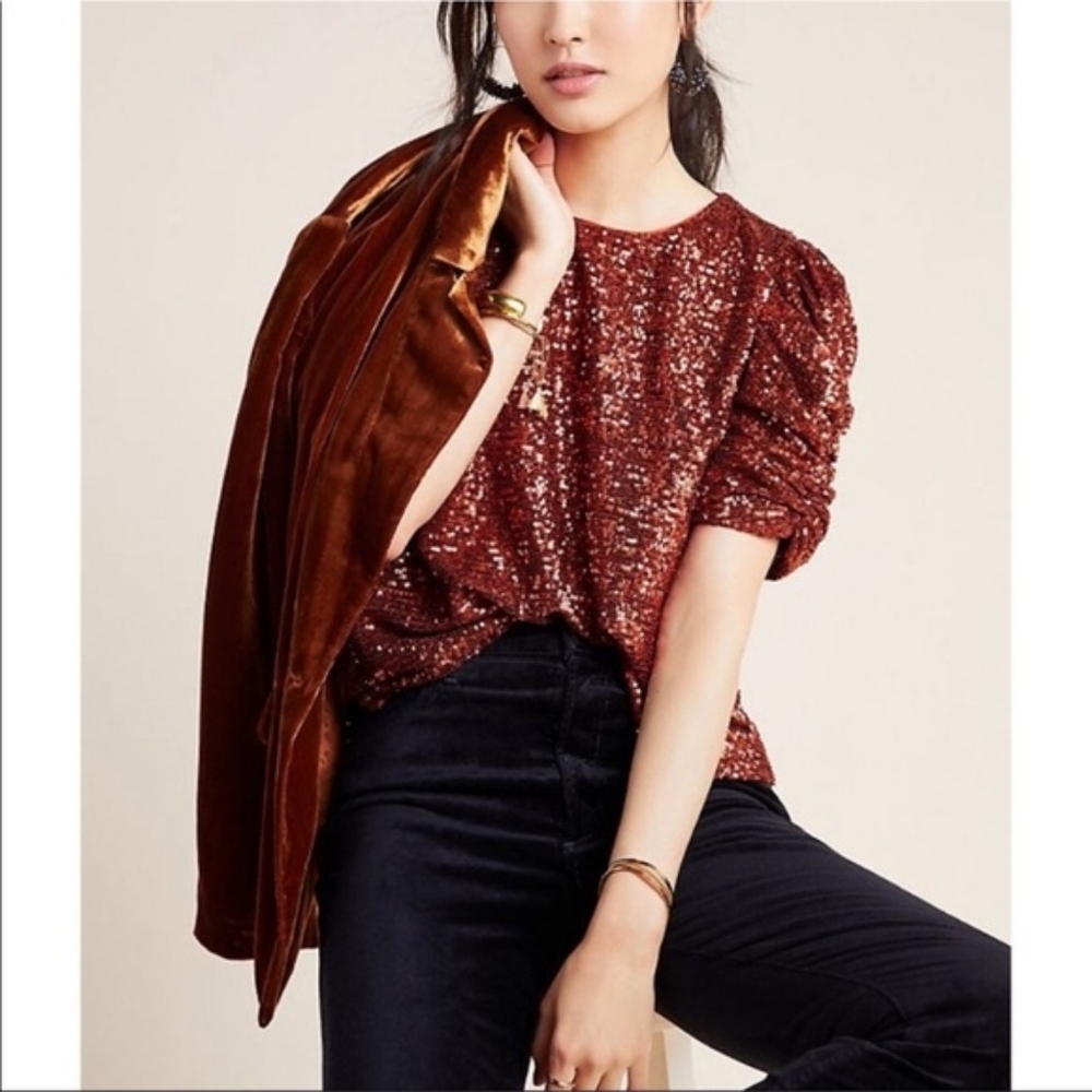 💘 NWT By Anthropologie Marie Sequined Blouse Copper Orange Sequin Puff Sleeve
